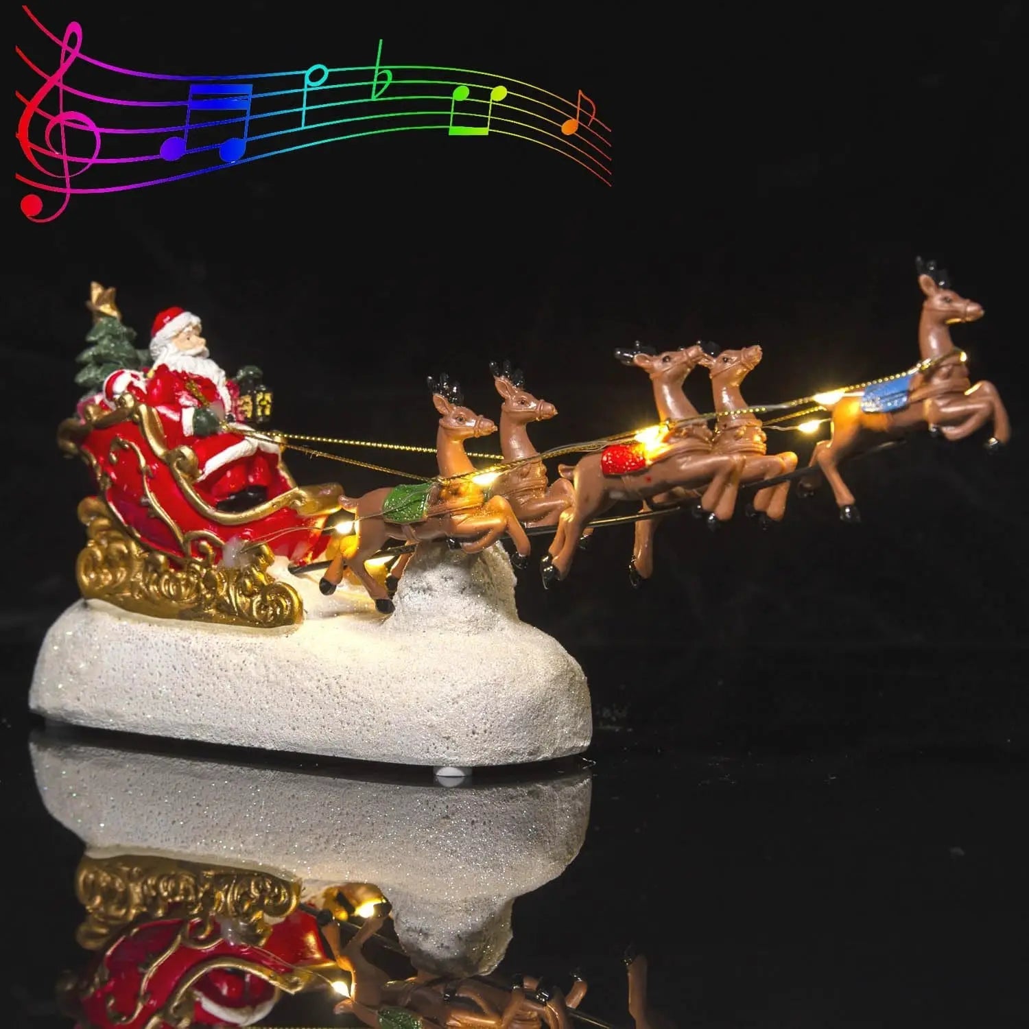 Christmas Sleigh Figurine, Santa and Reindeer Scene, LED Lights, Battery Powered 1