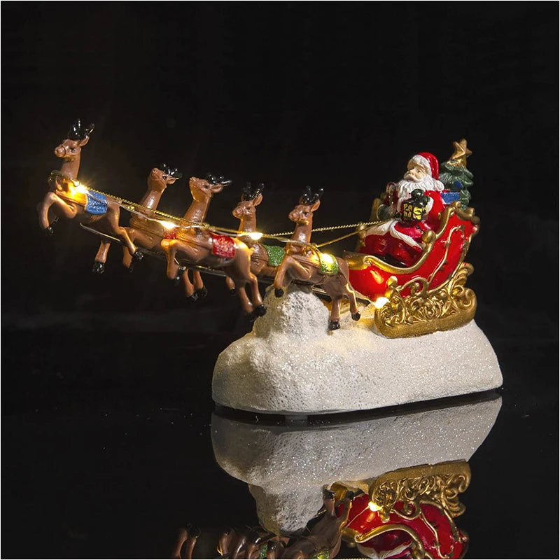 Christmas Sleigh Figurine, Santa and Reindeer Scene, LED Lights, Battery Powered 2