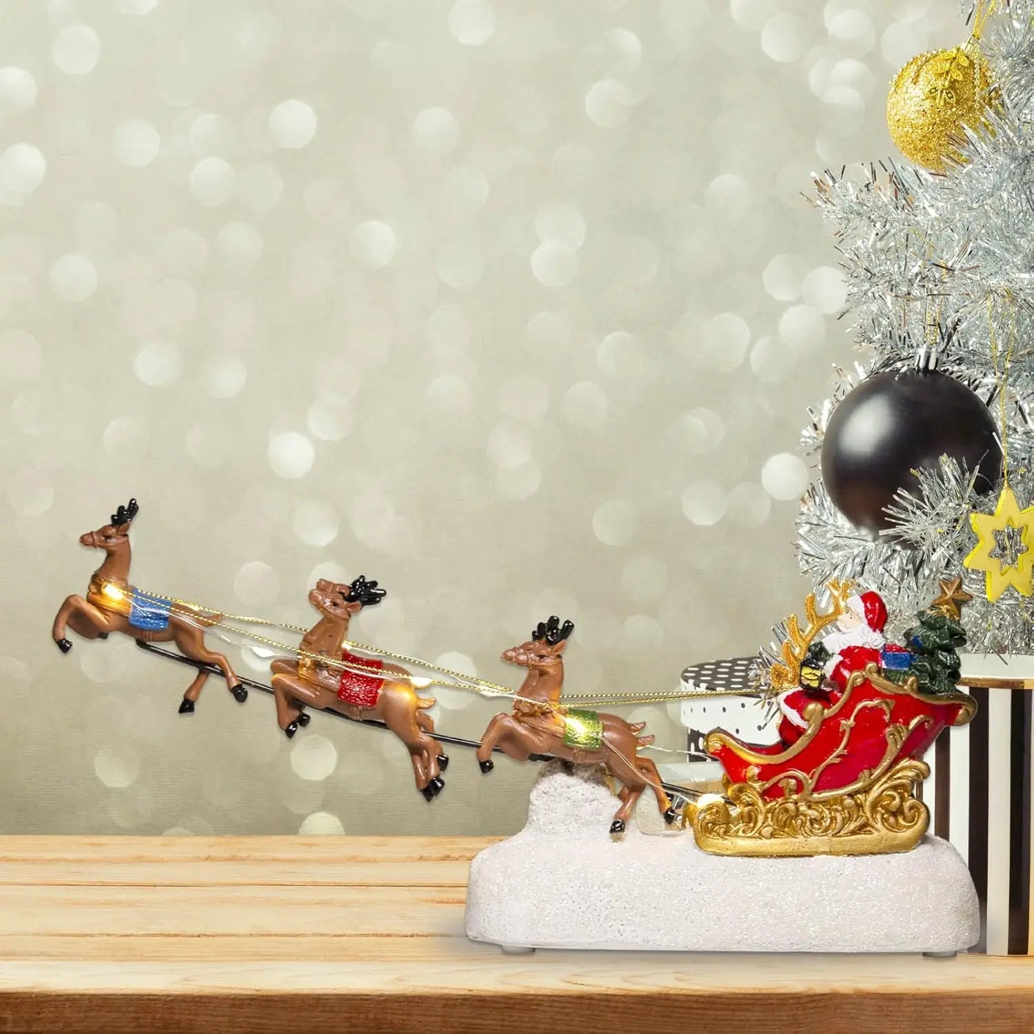 Christmas Sleigh Figurine, Santa and Reindeer Scene, LED Lights, Battery Powered 3