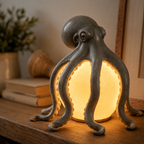 An octopus-shaped table lamp with a textured gray body and a glowing warm yellow light inside, placed on a wooden surface in a softly lit room.