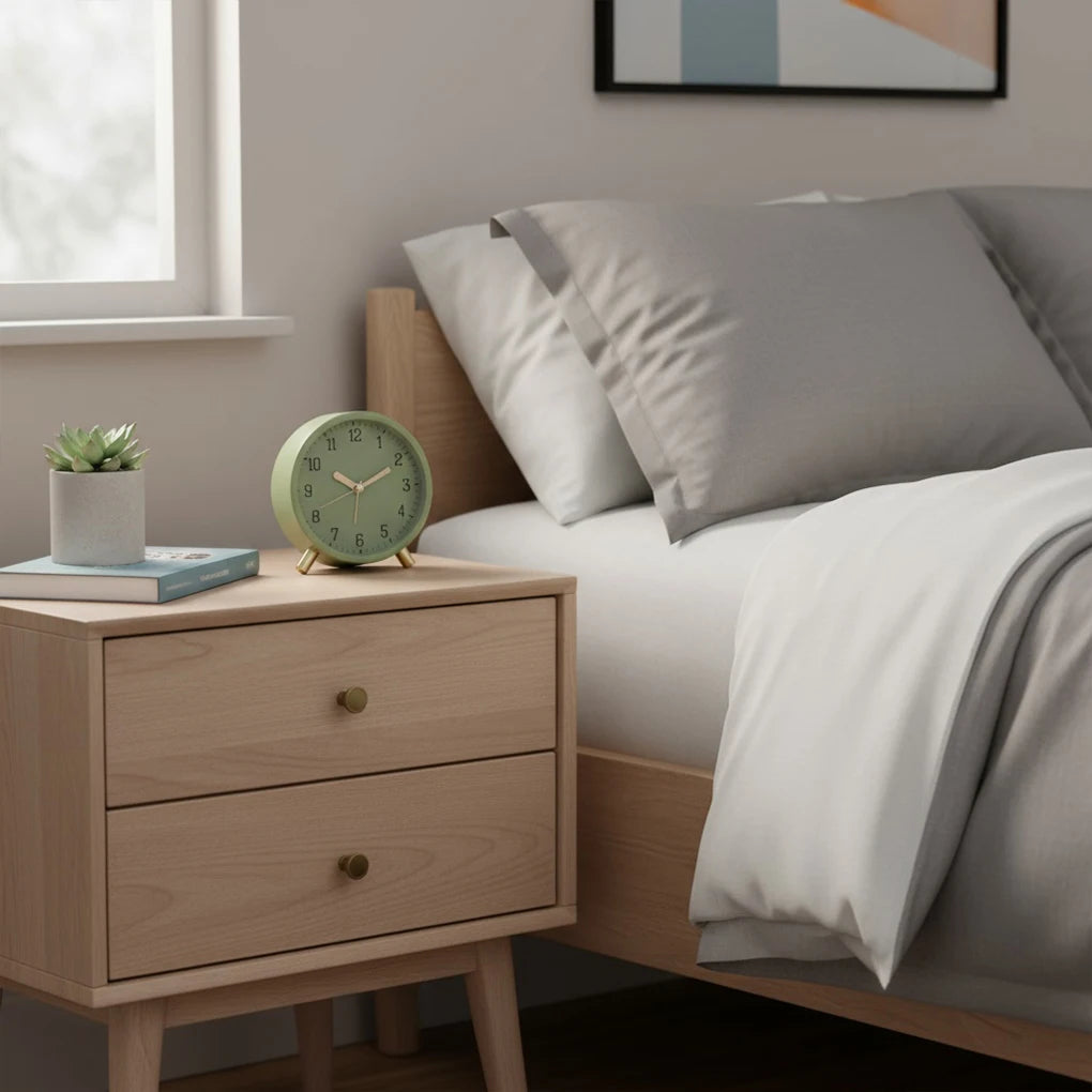 Bedroom with wooden nightstand, green clock, and gray bedding.