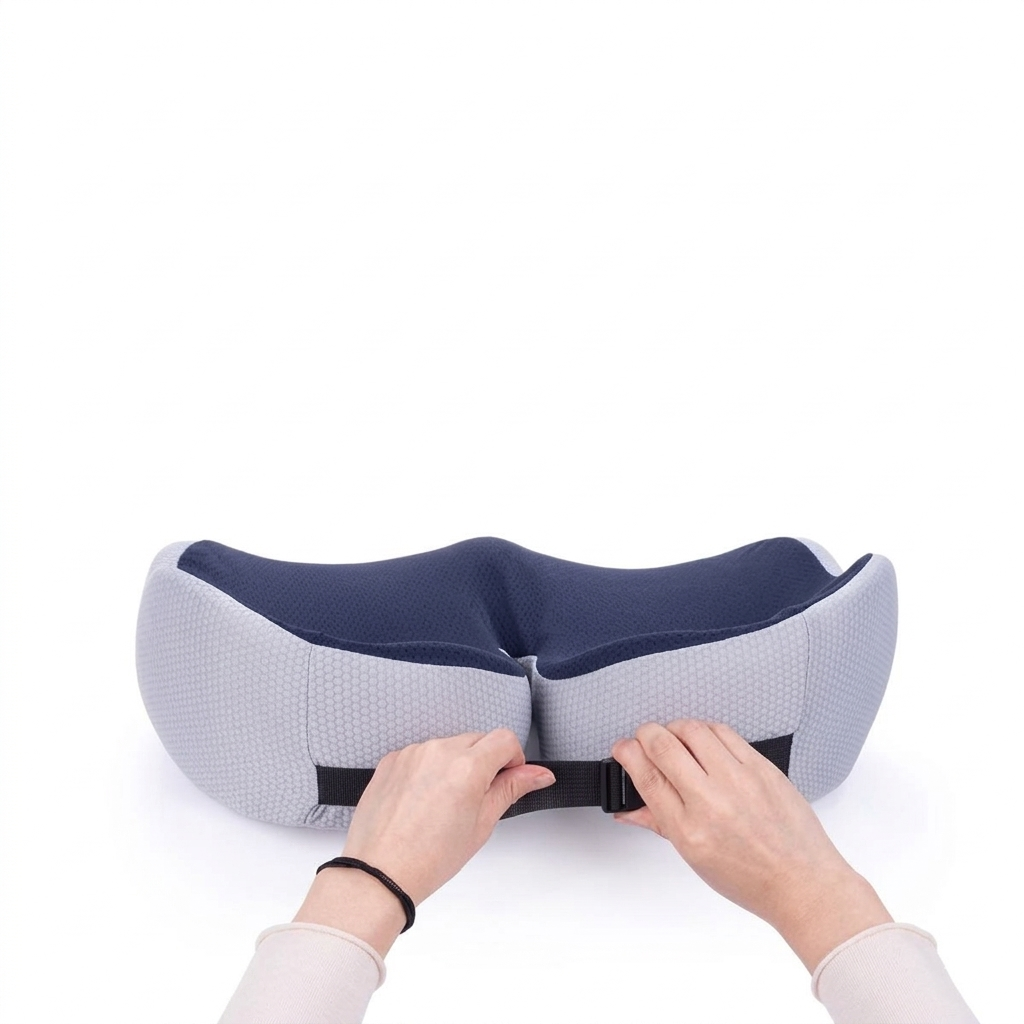 Person adjusting a gray and blue travel pillow on a white background