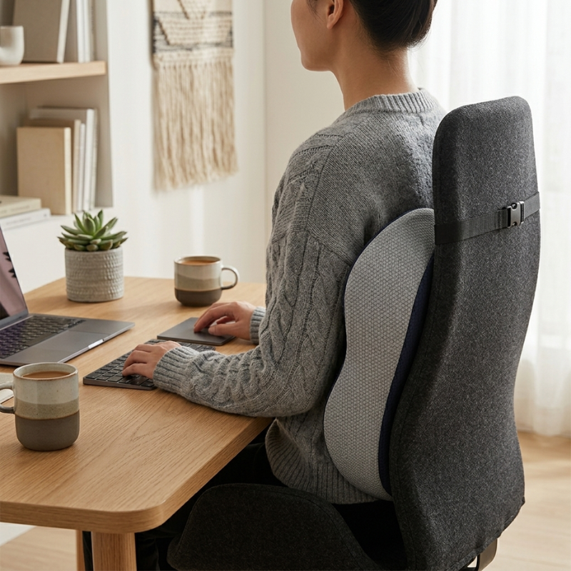 Person sitting at a desk using a laptop with a gray office chair.