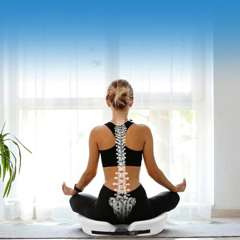 Woman in a yoga pose with a skeleton overlay on her back, in a bright room with sheer curtains.