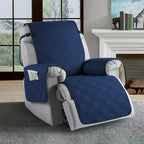 Blue and gray recliner chair cover in a living room setting.