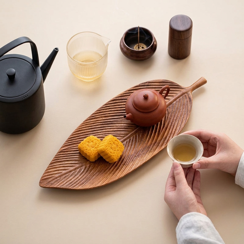 Tea-making setup with a teapot, cups, and cookies on a beige surface.