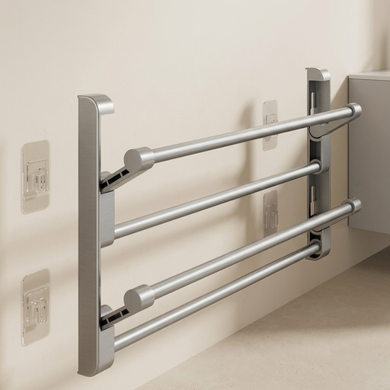 Silver towel rack mounted on a beige wall
