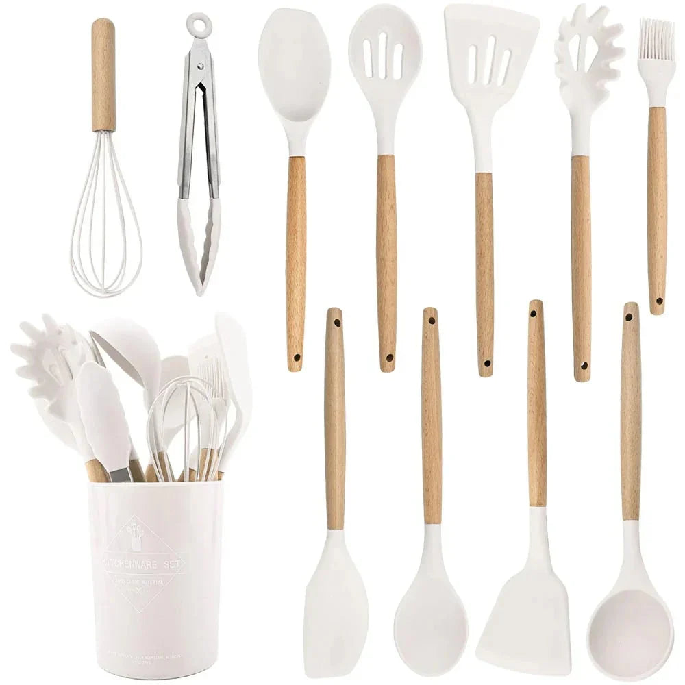 Silicone Kitchen Utensil Set - Heat Resistant & Ergonomic Wooden Handles 0