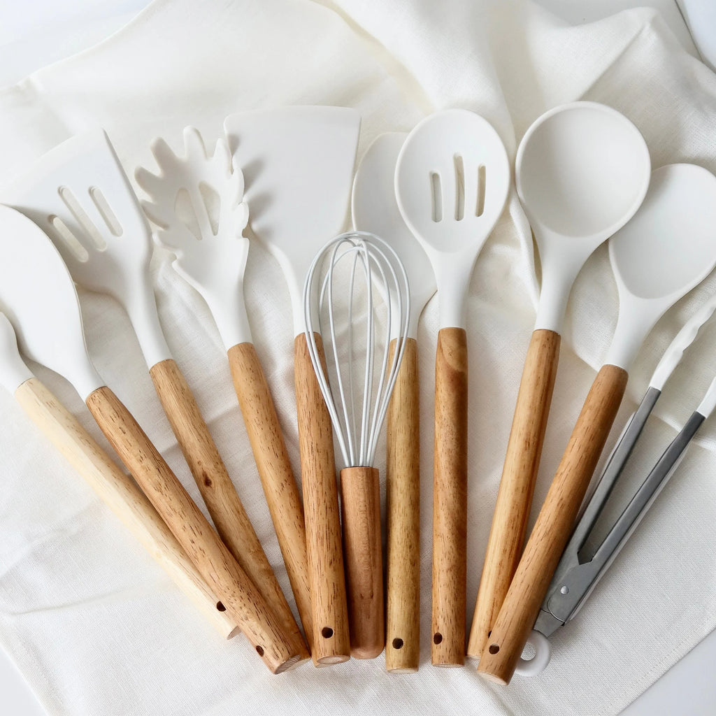 Silicone Kitchen Utensil Set - Heat Resistant & Ergonomic Wooden Handles 1