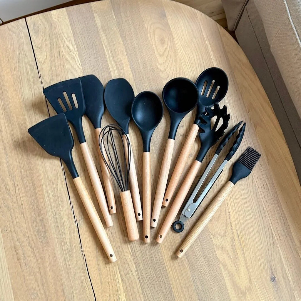 Silicone Kitchen Utensil Set - Heat Resistant & Ergonomic Wooden Handles 3