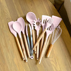Silicone Kitchen Utensil Set - Heat Resistant & Ergonomic Wooden Handles 4
