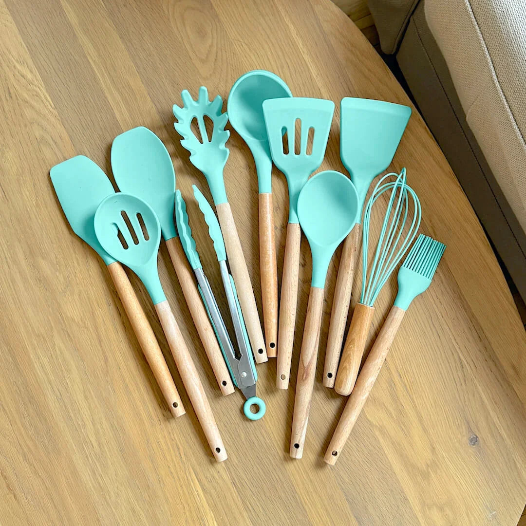 Silicone Kitchen Utensil Set - Heat Resistant & Ergonomic Wooden Handles 6