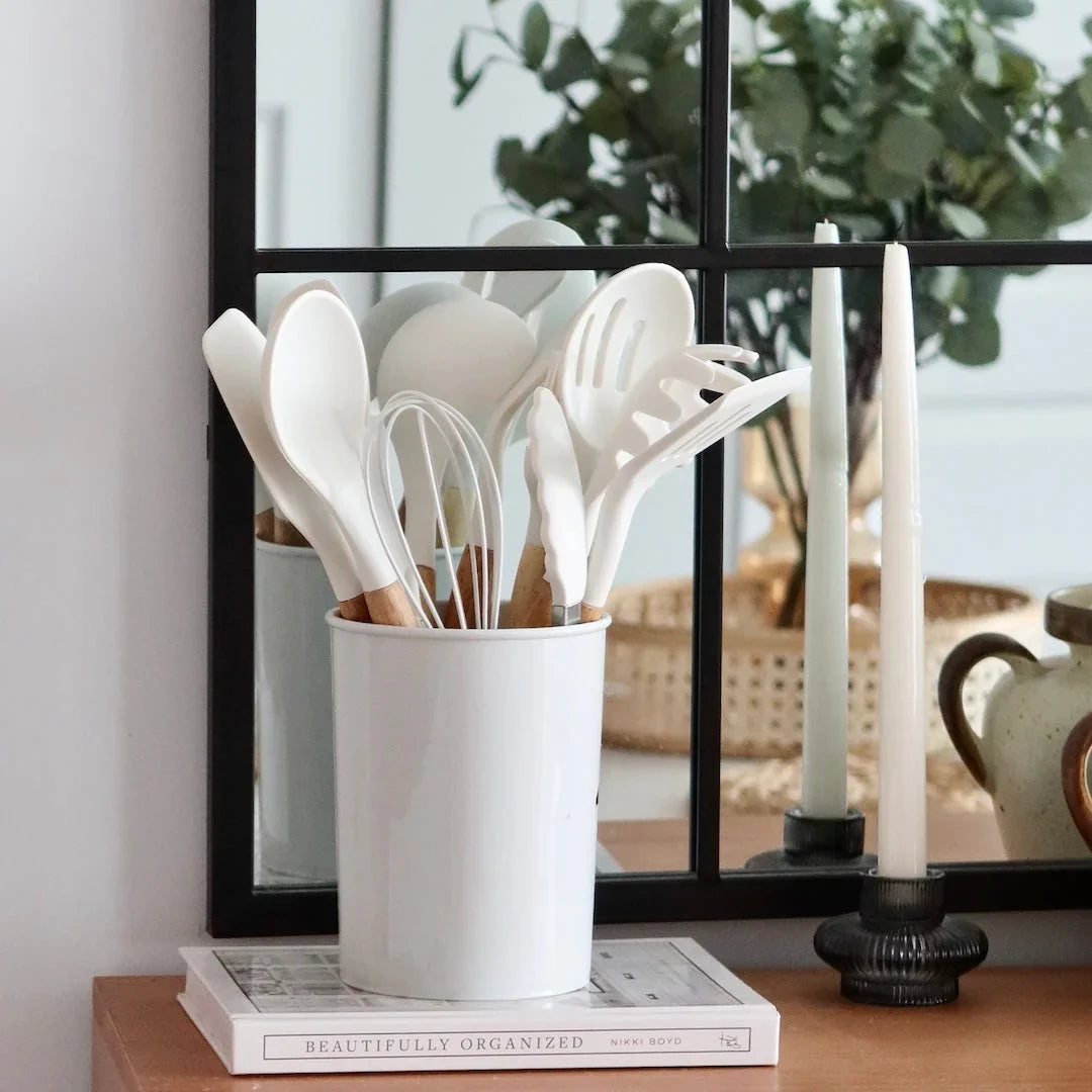 Silicone Kitchen Utensil Set - Heat Resistant & Ergonomic Wooden Handles 7