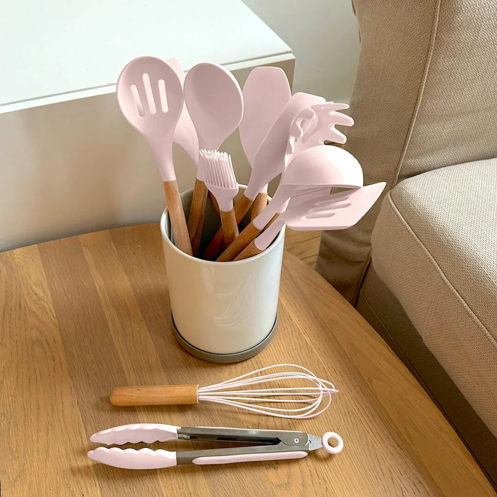 Silicone Kitchen Utensil Set - Heat Resistant & Ergonomic Wooden Handles 8