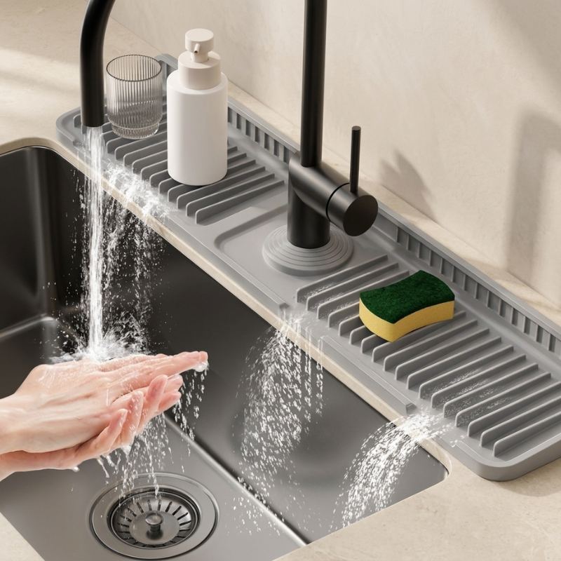 Person washing hands under running water in a kitchen sink with a沥水架 on the counter.