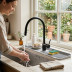 Woman washing hands under a modern black faucet in a kitchen with a window view of greenery.