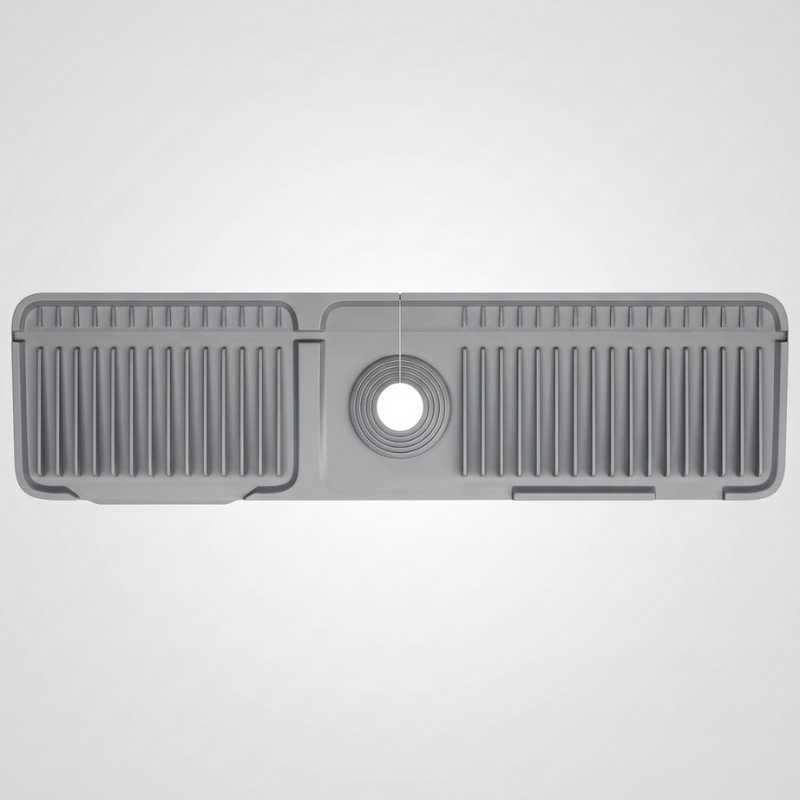 Gray plastic component with textured surface and central circular hole on a light gray background