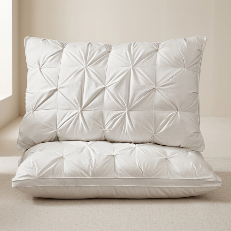Two white quilted pillows on a neutral background