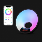 Round LED light with smartphone app interface on a black background