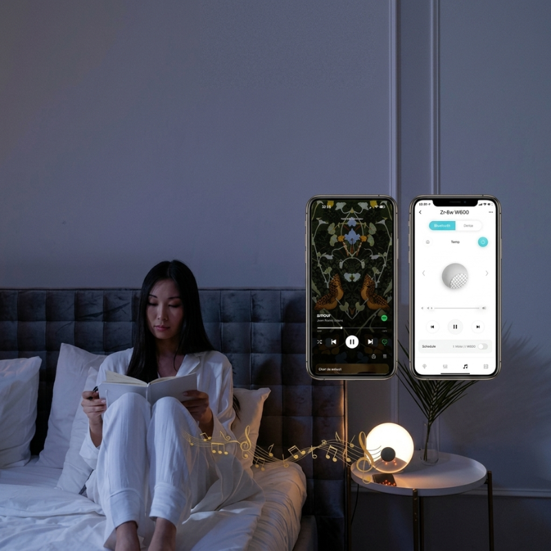 Woman reading a book in bed with a nightstand lamp and smartphone displaying an app interface.