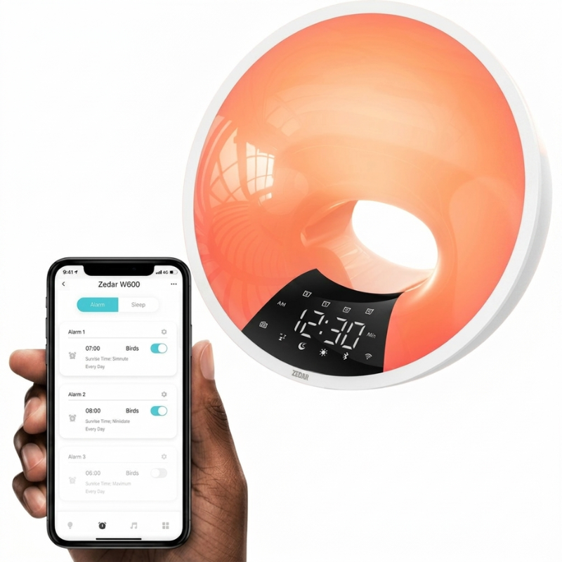 Smart clock device with app interface on a smartphone and a hand holding the phone.