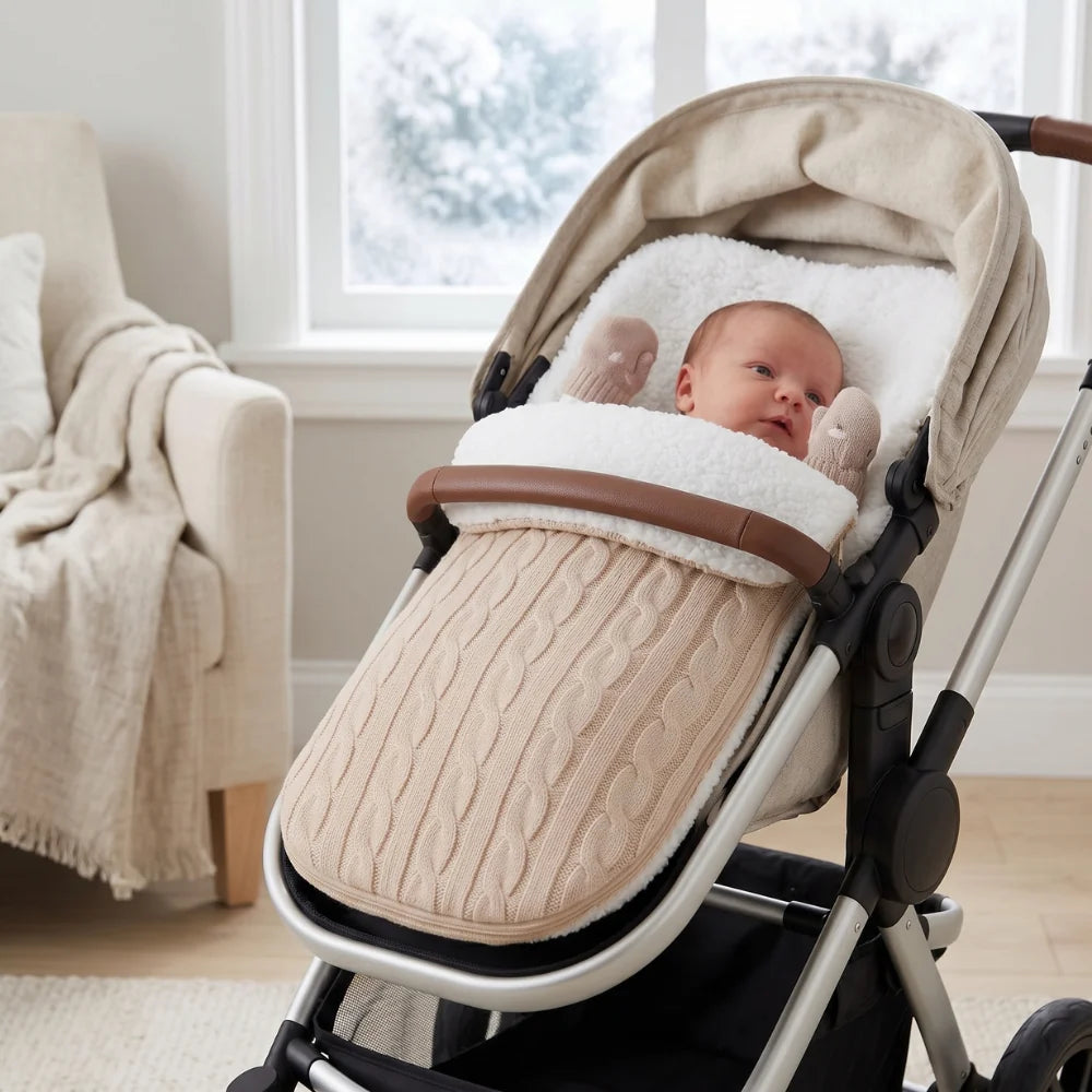 A baby wearing pink booties lies under a beige cable-knit footmuff with a white sherpa lining inside a stroller. The stroller is positioned in a bright, modern room with a window showing a snowy outdoor view and a cozy armchair in the background.