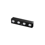 Black rectangular light fixture with four LED lights and dimensions on a white background