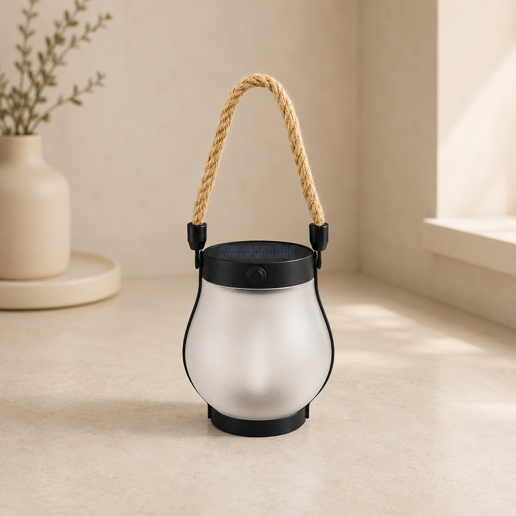 Decorative lantern with a rope handle on a neutral background