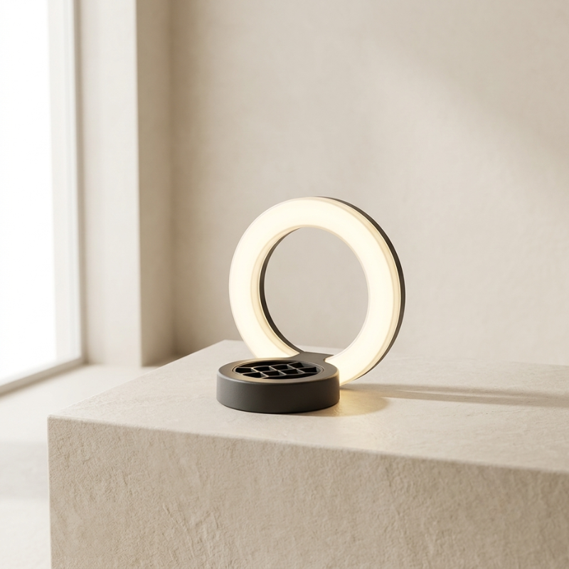 A modern ring-shaped LED lamp with a black circular base, illuminated and standing on a textured stone pedestal in a minimalist interior setting.