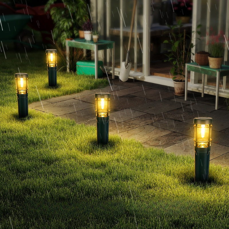 Solar-powered garden lights illuminating a pathway in a backyard setting.