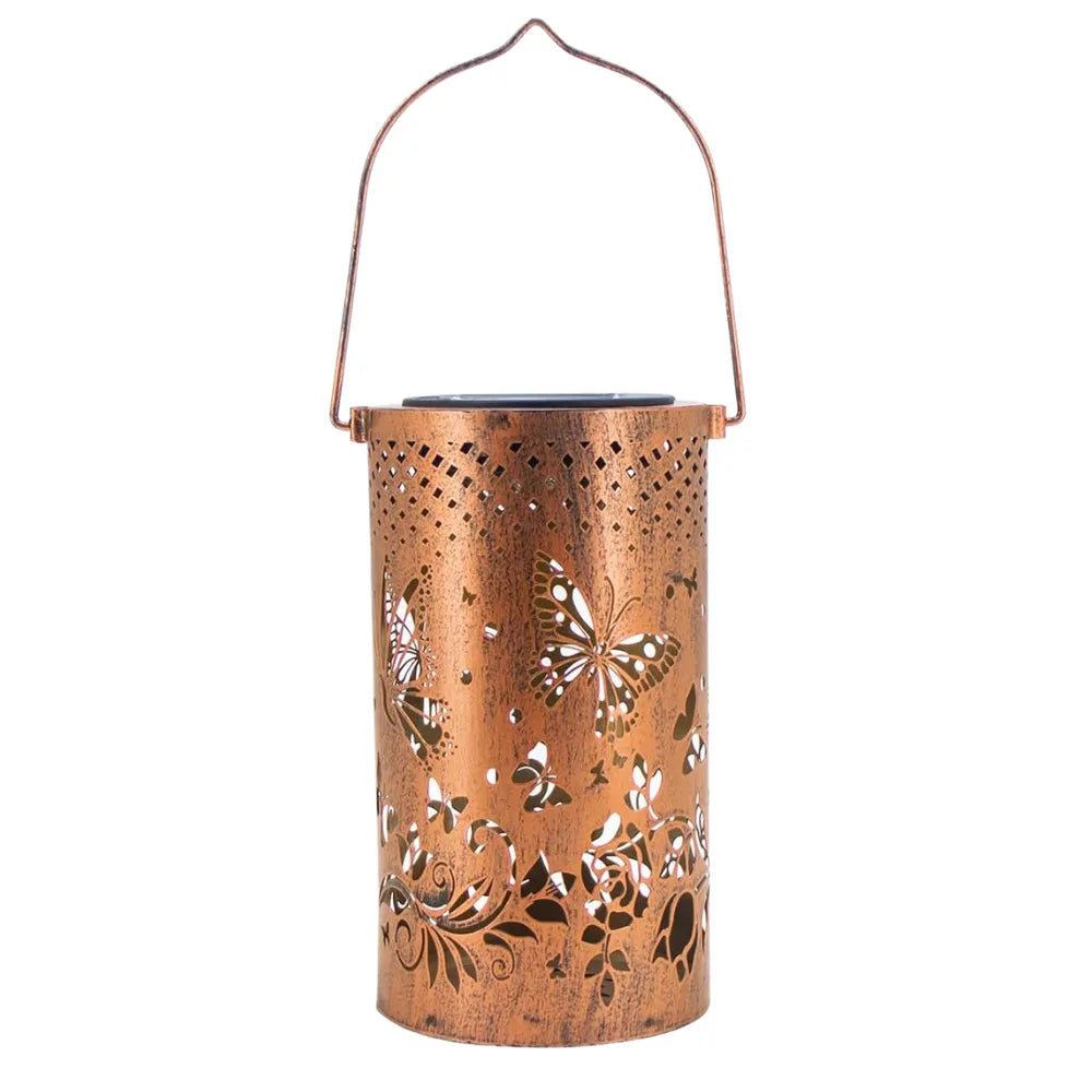 Copper lantern with butterfly designs on a white background