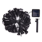 Black solar string lights with multiple cone-shaped bulbs arranged in a circle, shown with a small rectangular solar panel and a single ground stake on a white background.