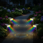 Garden pathway with colorful light effects on a dark night