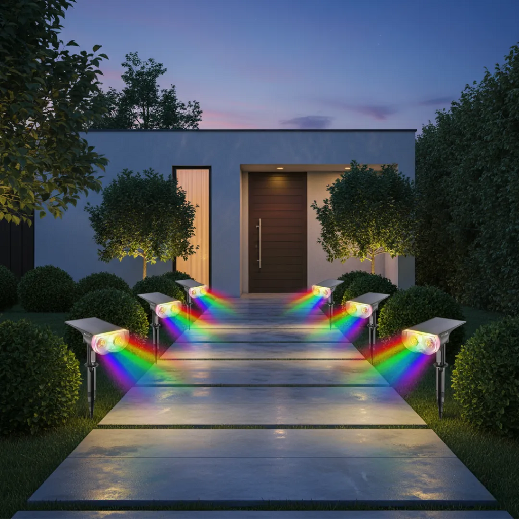 Outdoor pathway with rainbow light effects at night, leading to a house.