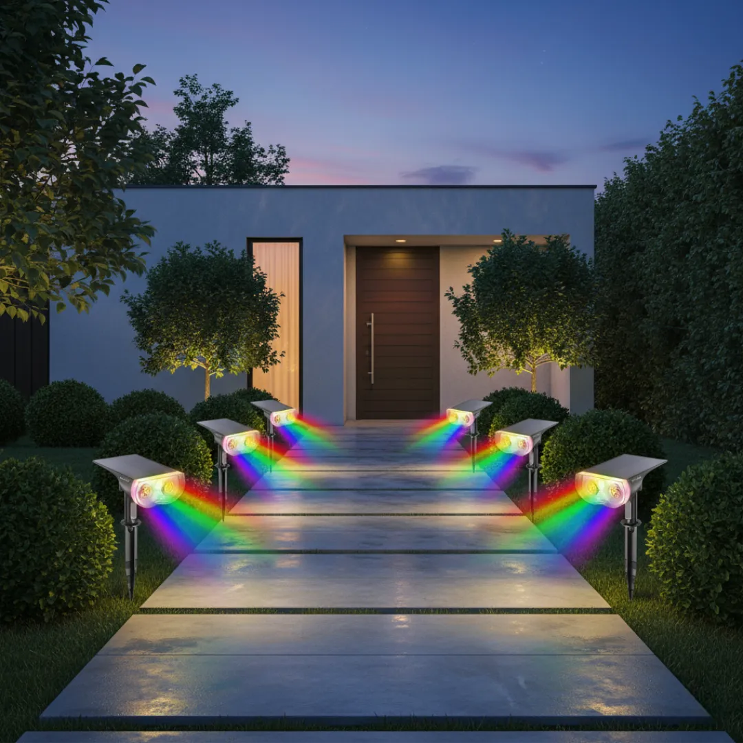 Outdoor pathway with rainbow light effects at night, leading to a house.