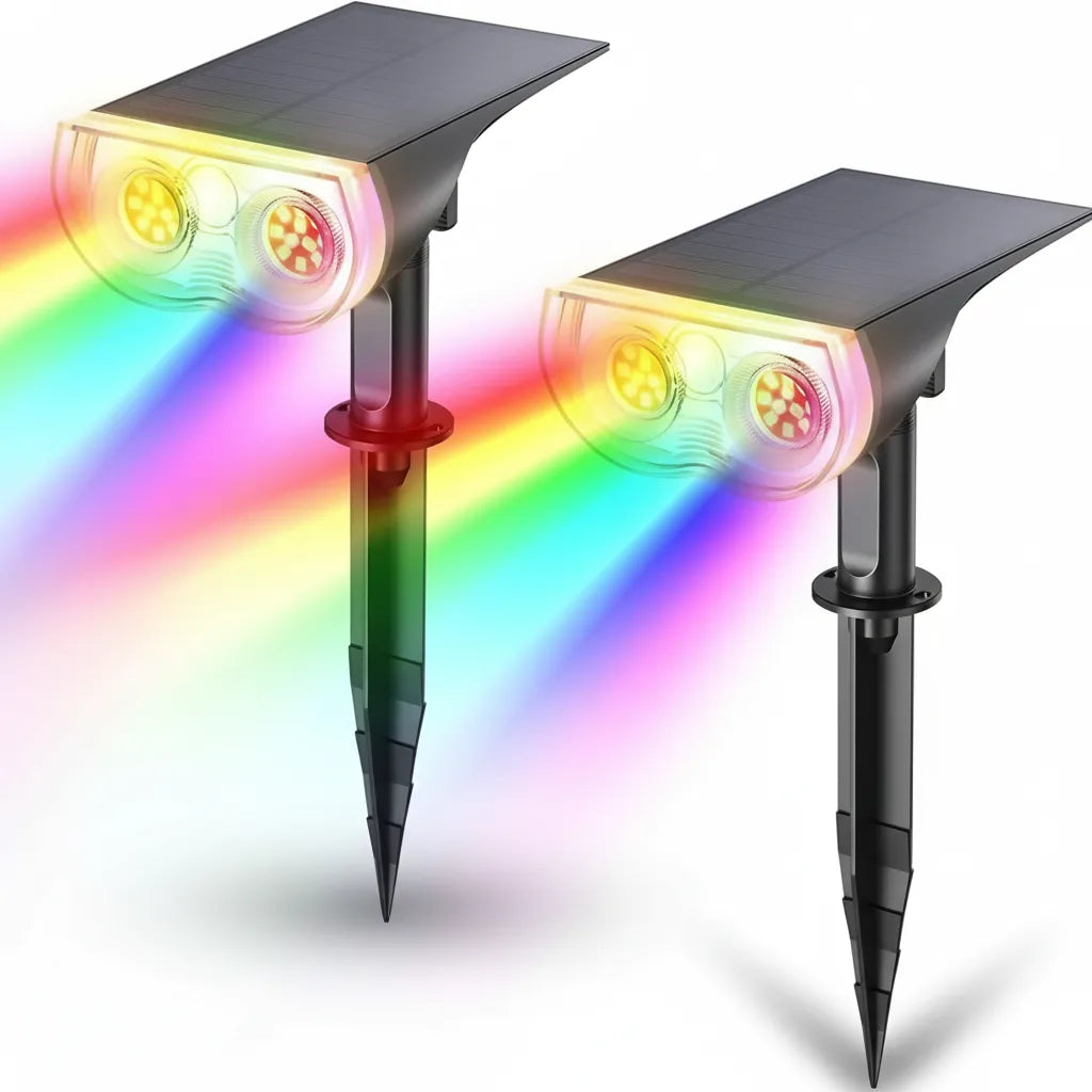 Two solar-powered LED lights with rainbow light effect on a white background