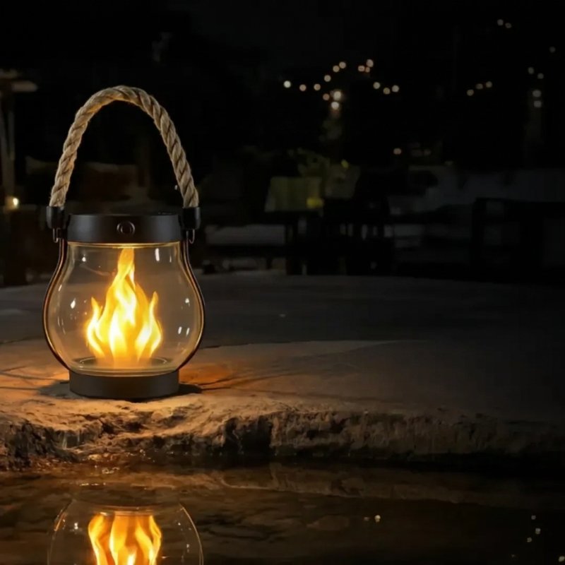 Glass lantern with flame on a stone surface at night