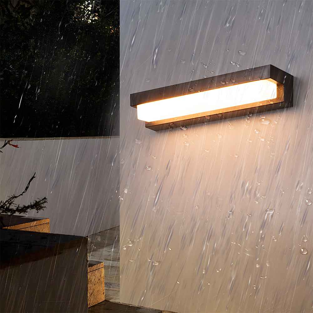 Outdoor wall light fixture on a rainy night