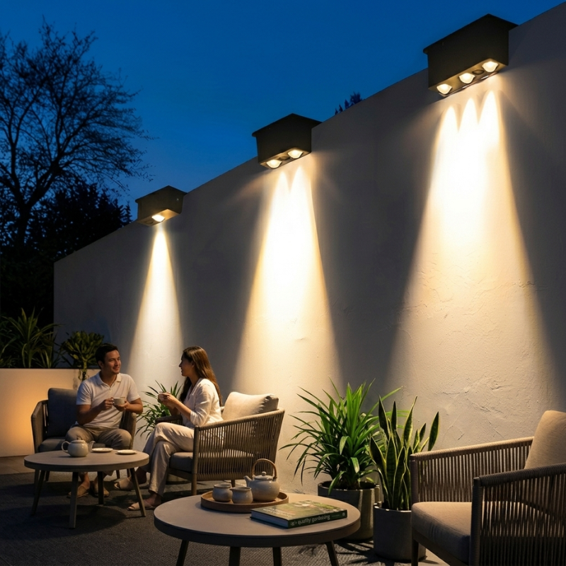 Two people sitting on a patio at night with wall-mounted lights illuminating the area.