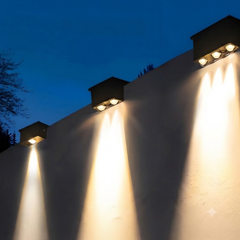 Outdoor wall lights on a building at night