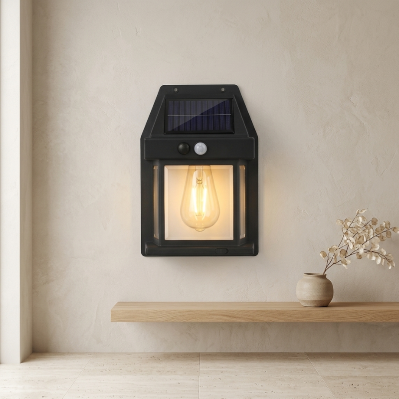 Solar wall light fixture on a beige wall with a wooden shelf and decorative plant.