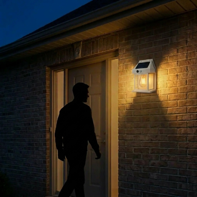 Person walking towards a house with a solar light fixture on the wall.