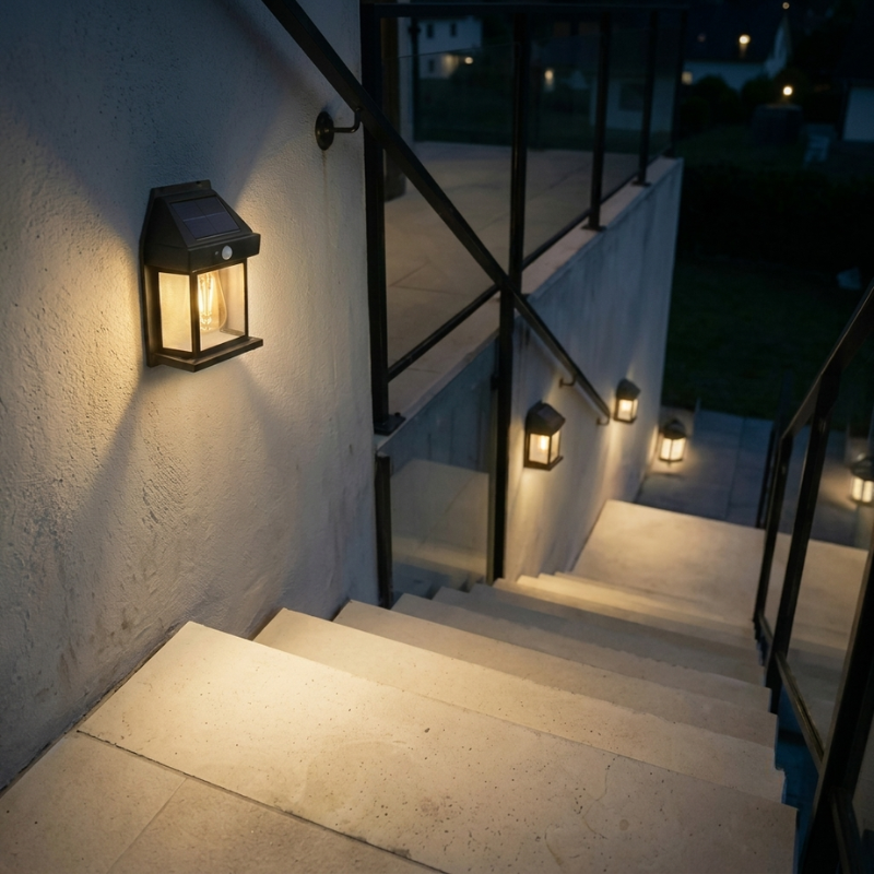 Outdoor staircase with solar wall lights illuminating the steps at night.