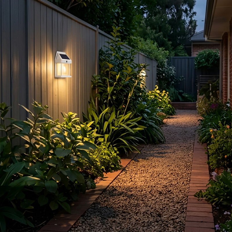 Solar-powered outdoor light fixture illuminating a garden pathway at night.