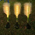 Three solar-powered feather lights on grass