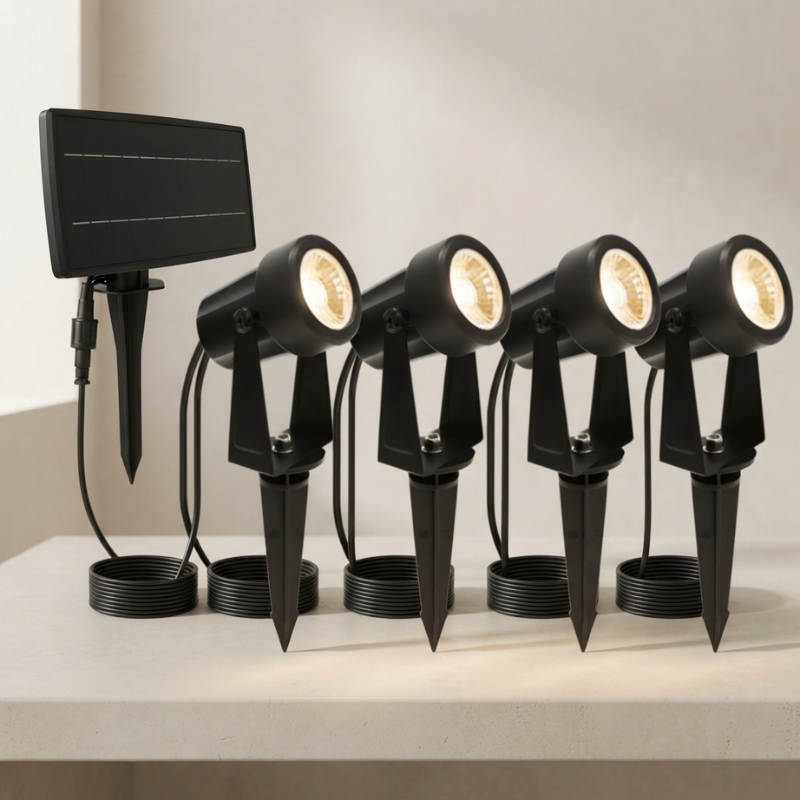 Set of five black outdoor spotlight fixtures with solar panel on a white surface.