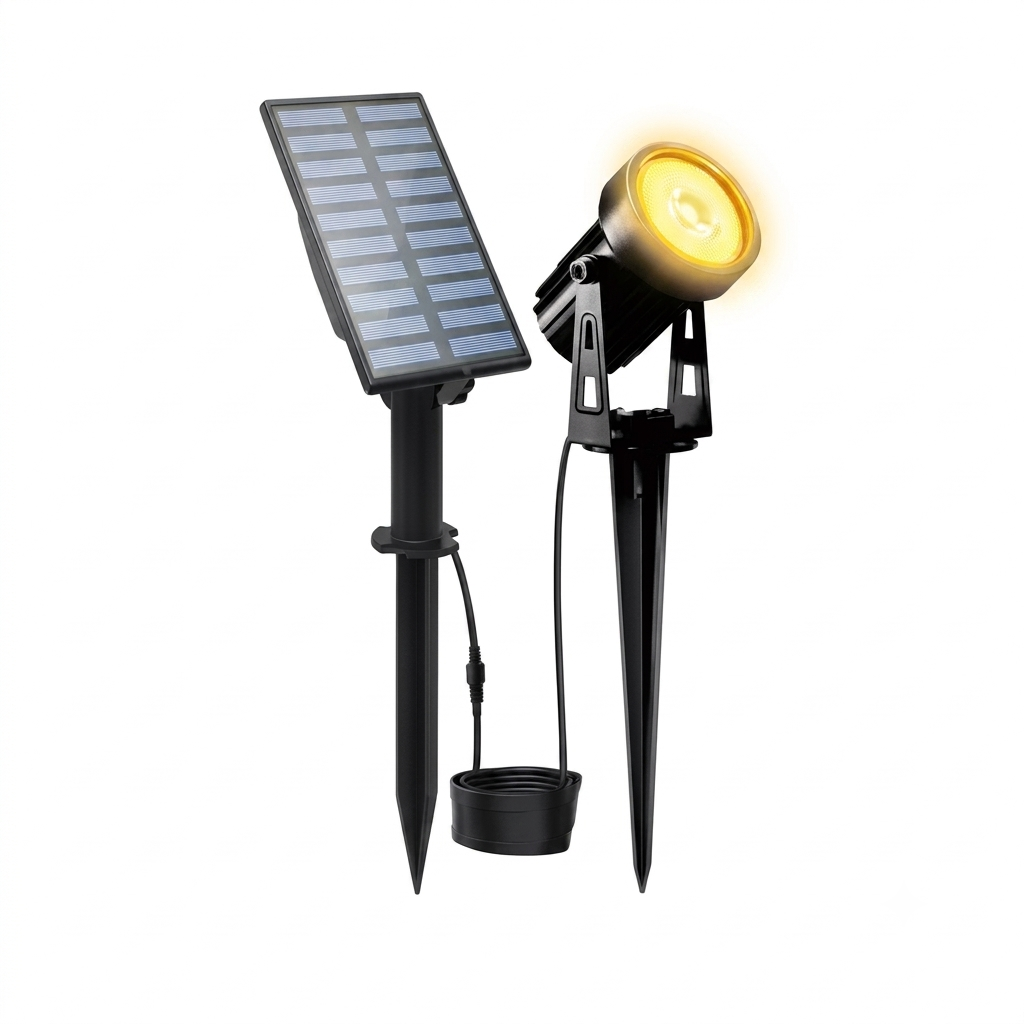 Solar-powered outdoor light with solar panel and lamp on a white background