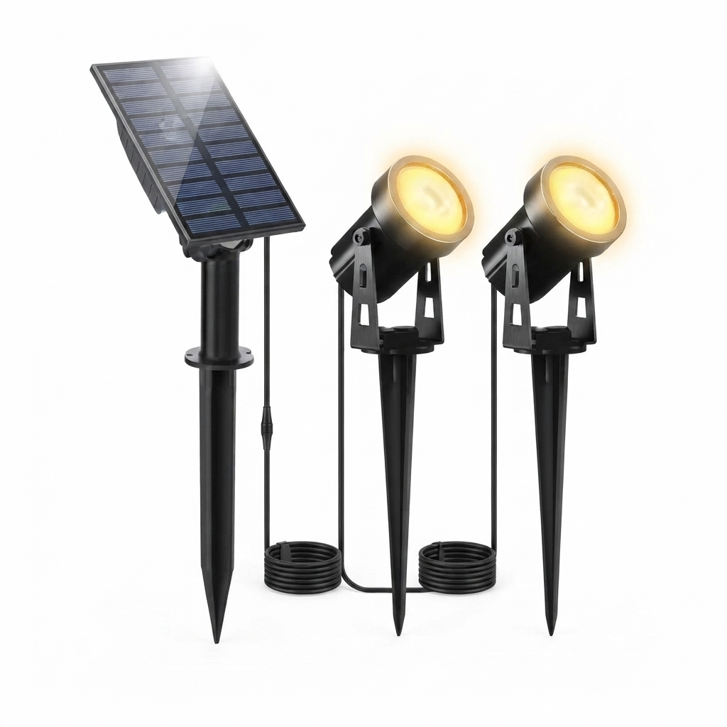 Solar-powered outdoor lights with solar panel and two lights on white background