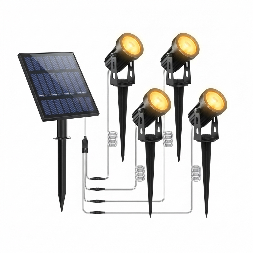 Set of solar-powered outdoor lights with a solar panel on a white background