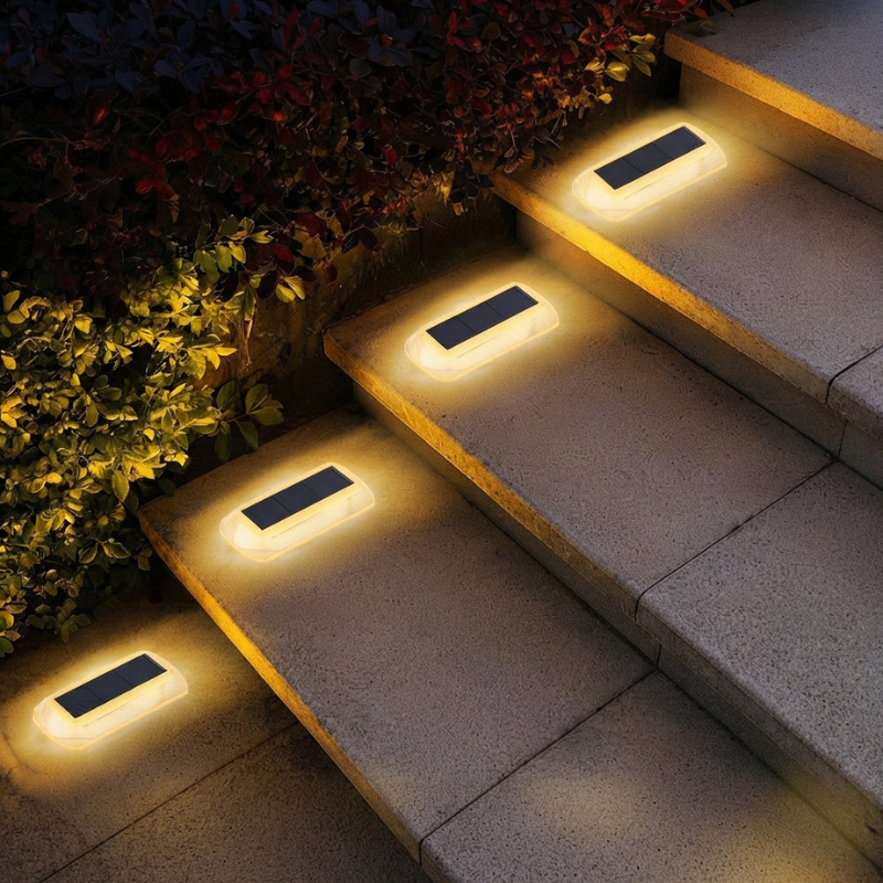 Solar-powered outdoor lights illuminating steps in a garden
